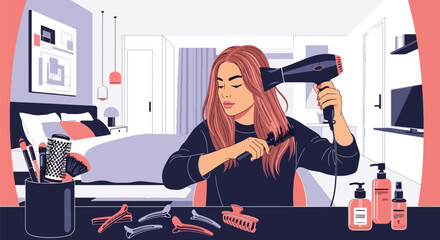 Vector woman brushing hair surrounded by dryer, comb, and serum icons. Ideal for haircare branding, salon graphics, product packaging, and beauty lifestyle visuals