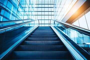 Fototapeta premium Modern escalator ascending through a sleek glass atrium with sunlight streaming in