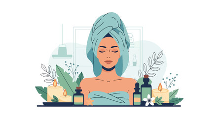 Vector woman relaxing with towel headwrap, candles, and essential oils. Ideal for spa promotions, wellness branding, aromatherapy visuals, and calm self-care designs