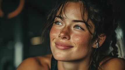 Smiling young woman relaxes after boxing workout at the gym by the wall with punching bag, feeling accomplished and refreshed