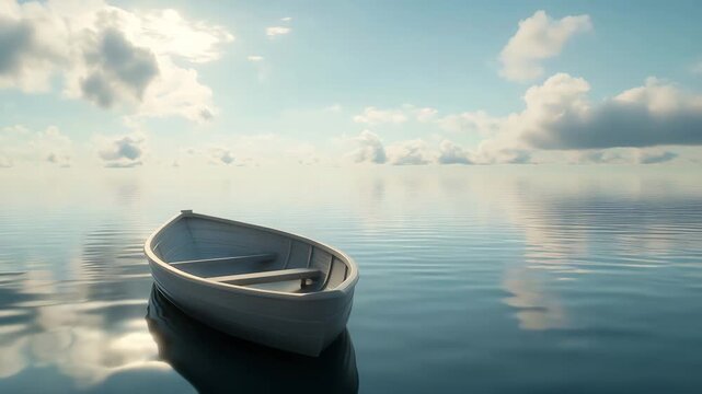Serene white rowboat drifting on calm ocean waters under a cloudy sky