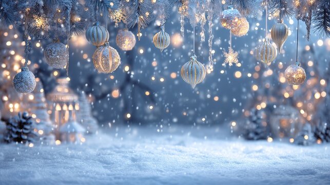 Close-up view of a pine branch decorated with gold and white frosted Christmas ornaments, adorned with icicles and falling snow against a soft blurry light background