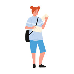 Girl with postman bag holding paper envelopes, young woman smiling vector illustration