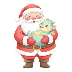 Santa Claus holding a baby dragon in a cozy Christmas moment, watercolor illustration isolated on white background
