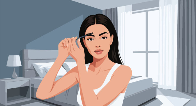 Vector woman brushing eyebrows with spoolie brush and minimal décor. Ideal for beauty tutorials, brow product ads, cosmetic branding, and grooming visuals