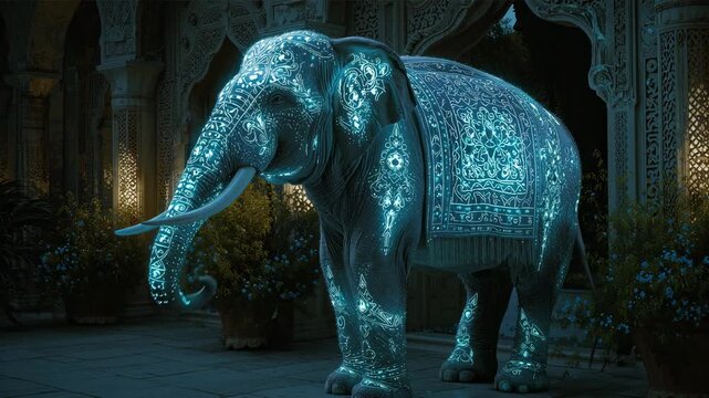 インドの宮殿で青く発光する神秘的な模様を身にまとった象