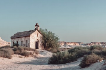 Quaint Desert Chapel Under a Clear Sky