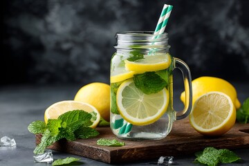 Refreshing Lemon and Mint Infused Water Glass