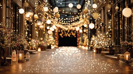 An opulently decorated indoor corridor with a starry-light floor, hanging golden and white ornaments, metal cage lamps, and red berries creating a festive Christmas atmosphere