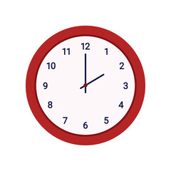 Round classic wall clock with arrows on dial, numbers and red frame vector illustration