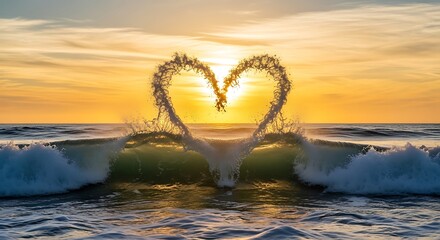 Wave forms a heart shape during a golden ocean sunset.