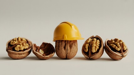 Whole and cracked walnuts with one walnut wearing a yellow hat