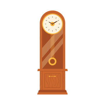 Old wooden grandfather clock with round dial under glass, hanging pendulum vector illustration
