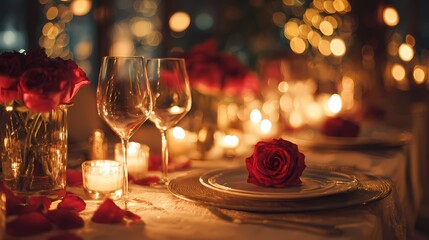 Romantic Candlelight Dinner Table Setting with Red Roses and Wine Glasses

