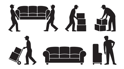 Moving service vector icons illustration of movers carrying furniture and boxes isolated on white background