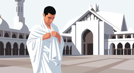 Muslim man adjusting his ihram at miqat before starting Hajj. Ideal for pilgrimage guides, Islamic education content, travel visuals, and ritual explanation designs
