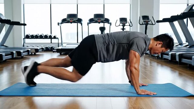 Man exercising on yoga mat, focused workout in modern gym, fitness motivation during new year, strength training for endurance and health
