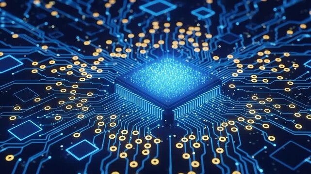 Closeup of a glowing blue computer chip with intricate circuit patterns