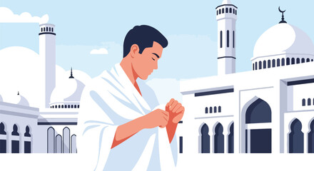 Muslim man adjusting his ihram at miqat before starting Hajj. Ideal for pilgrimage guides, Islamic education content, travel visuals, and ritual explanation designs