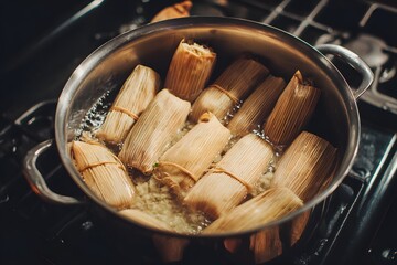 Delicious Steamed Tamales Cooking in a Metal Pot