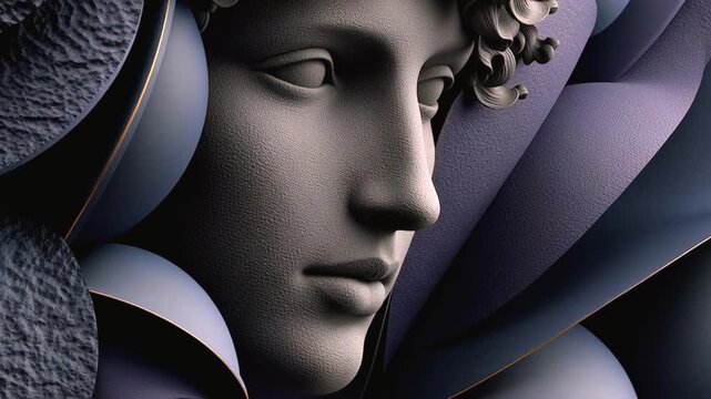 Marble David sculpture face glowing amid dark purple, blue abstract shapes, golden lines blending with shifting textural elements