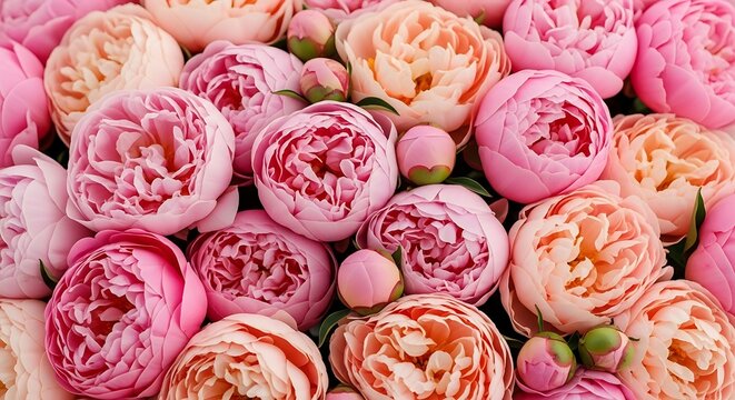 Floral arrangement featuring a beautiful variety of pink and peach peonies