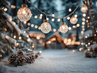A close-up winter scene with snow-covered pinecones on the ground, green pine branches with frost, and spherical glass bulbs emitting a warm yellow glow against a soft bokeh background