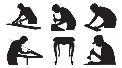 Silhouettes of woodworkers crafting furniture vector illustration of carpentry and woodworking isolated on white background