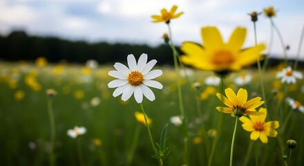 Daisy and yellow wildflowers blooming in a green meadow in spring
