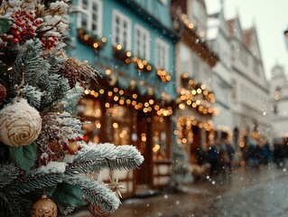 A detailed composition of frosty green pine branches in the foreground decorated with white spiral-patterned ornaments and red berries, overlooking a softly blurred street with festive buildings