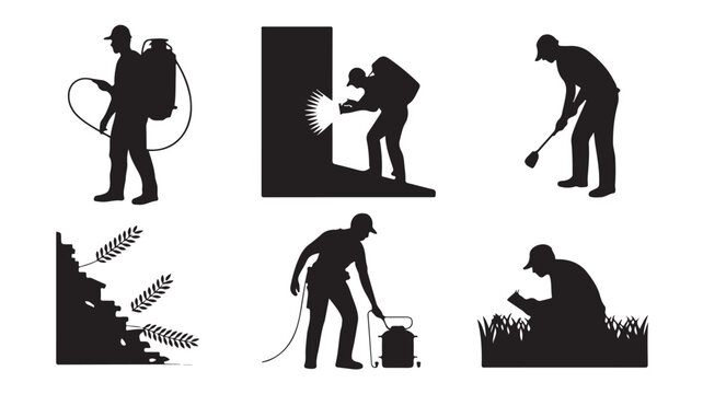 Pest control service vector icons silhouette set of exterminators spraying pesticides isolated on white background