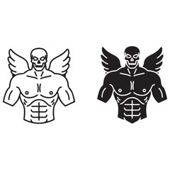 Muscular Skull Figure with Wings in Outline and Solid Black Styles