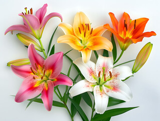 Fototapeta premium Colorful mixed lilies with pink, white, and orange blossoms arranged against a bright background