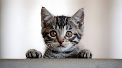 Curious tabby kitten peeking over a surface with wide eyes