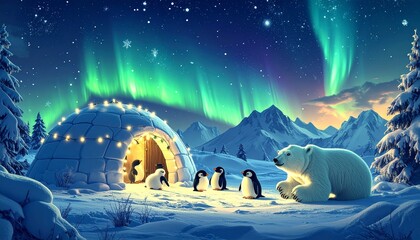 Fototapeta premium Magical Winter Scene Penguins, Polar Bear, and the Northern Lights in a Snowy Wonderland