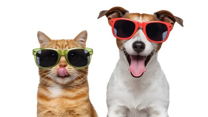 Cute cat and dog wearing colorful sunglasses together