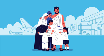 Heartwarming scene of family saying farewell to pilgrim before Hajj journey. Ideal for spiritual travel themes, Islamic family illustrations, and religious storytelling