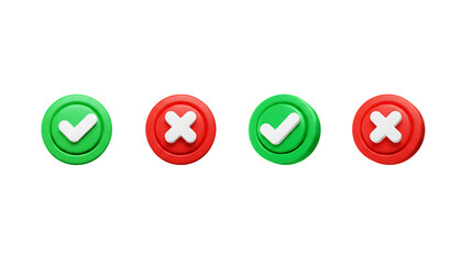 3D Green Checkmark and Red X Mark Buttons Set for Approval and Denial