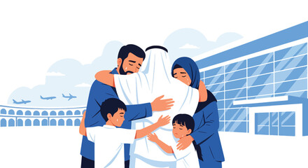 Heartwarming scene of family saying farewell to pilgrim before Hajj journey. Ideal for spiritual travel themes, Islamic family illustrations, and religious storytelling