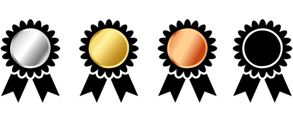 Award Ribbon Icon Set – Gold, Silver, Bronze, and Black Medals Vector Illustration, Prize Badges, Achievement Symbols, Honor Awards, and Competition Recognition Design, award, ribbon, medal, gold.