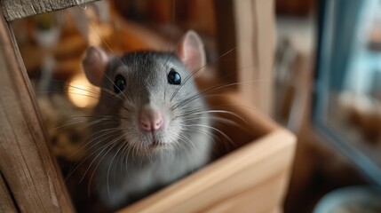 A gray rat with black eyes and long whiskers looks directly at the camera. It sits inside a wooden box indoors with a blurry background