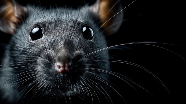 A gray rat is seen in a close up view. The rat has a pink nose and long whiskers. The background is solid black, creating a dramatic effect