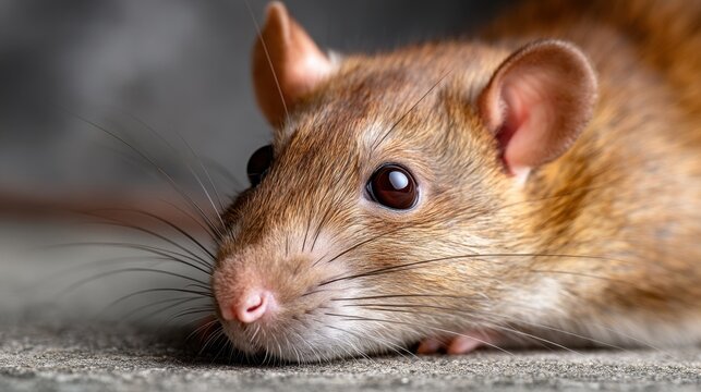 A brown rat is resting on a grey surface, focusing on the viewer with its shiny black eyes, small ears, and many whiskers