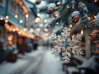 Close-up of an intricate white snowflake ornament with granular texture and blue accent, hanging from a frosty pine branch with cones against a bokeh background of city lights