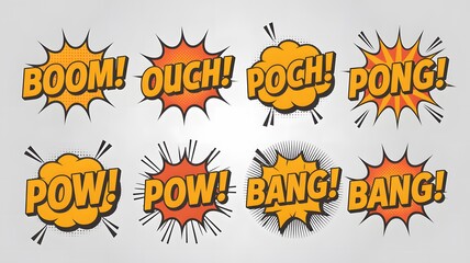 Collection of comic book style sound effect words and explosions