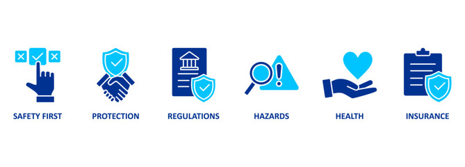 Banner work safety concept, hazards, protections, health and regulations with keywords and icons