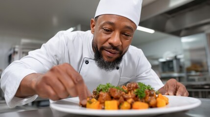 In a commercial kitchen, a culinary professional is carefully adding garnish to a plated meal of meat and vegetables, preparing to serve