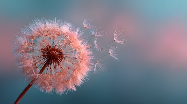 Delicate, artistic macro photograph of a dandelion seed head with some seeds flying away against a dreamy, soft-focus pastel gradient background.
