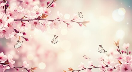 Obraz premium Delicate Pink Cherry Blossoms and Butterflies Springtime Floral Background Art