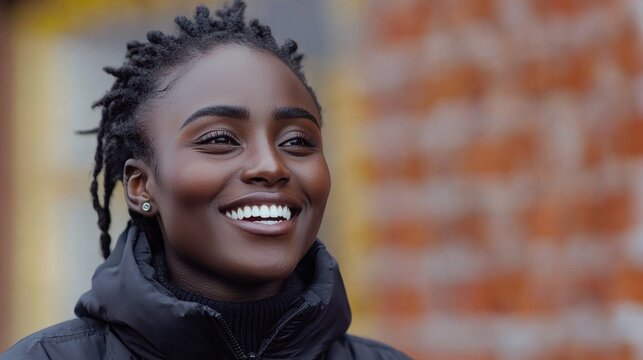 An African woman with dark skin and braided hair smiles widely. She wears a black puffer jacket outdoors near a blurred red brick wall